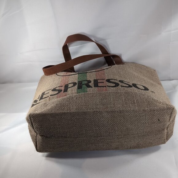 Nespresso Tote Bag Jute Burlap Beige Brown Faux Leather Shoulder 19x14" Coffee - Picture 8 of 14